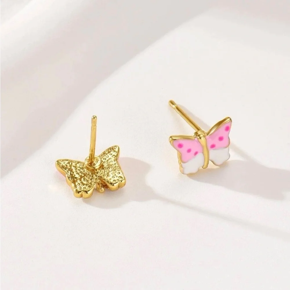 “Pink Polka Dot Butterflies” Spotted Dotted Split Color Sweet Insect Steel Studs